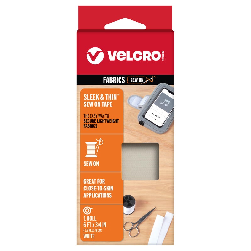 VELCRO Brand Sleek and Thin for Fabrics | 6ft x 3/4in Tape, White | Soft on Skin Ultra Light with Sewing Lane Technology, - Image 1